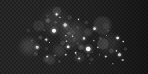 Abstract lights bokeh with bright glares isolated on dark transparent background. Flare and glare effect. Vector illustration.