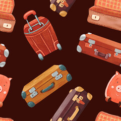 Seamless pattern of open and close Stylish brown retro suitcase, child luggage . Old vintage leather briefcase baggage. Travel stuff. Dark background. Watercolor colored illustration.