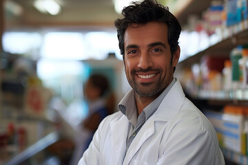 Fototapeta premium Happy pharmacist in a modern pharmacy 