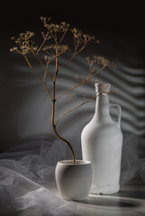 Modern still life with a dry branch in a white vase