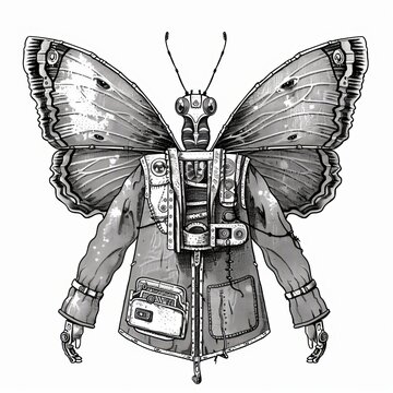 Illustration of surreal butterfly jacket with cyber butterfly, surrealism, butterfly straightjacket, weird butterfly man, colouring page
