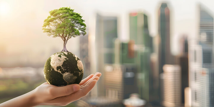 Earth day campaign hand holding a goble with the green tree background