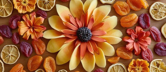 This photo captures a detailed view of a flower at the center, surrounded by an arrangement of dried fruit.