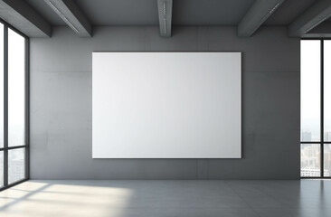 A mock-up of billboards in the office interior hangs on a grey wall, empty room with concrete...