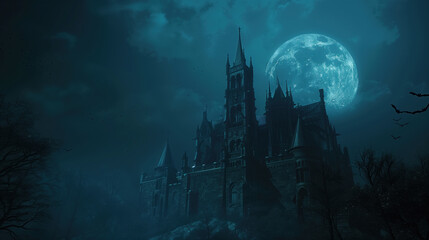 Gothic Castle under a Full Moon on Halloween Night. - obrazy, fototapety, plakaty