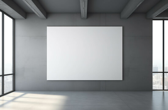 A mock-up of billboards in the office interior hangs on a grey wall, empty room with concrete floors and  window with a city view