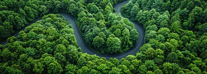 Top view of an asphalt road from above that passes through a lush rain forest, greenery, and a glimpse of the natural ecosystem that will preserve Earth.