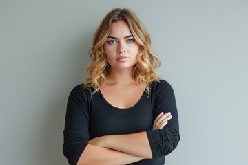 Portrait of stunning curvy lady against a white backdrop with doubtful and uneasy disapproval written all over her face as she stands with her arms crossed. Pessimistic individual.