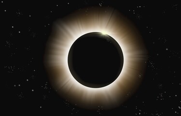 Total solar eclipse rare event. Moon covering sun's disc with corona or outer atmosphere of extremely hot diffusing gas. Object outside earth illustration drawing.