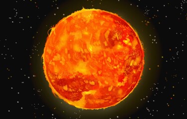 The sun. Fiery hot flaming sphere ball. Big star, main energy source on earth. Sun isolated on dark space with bright small stars around it. Object outside earth illustration drawing.