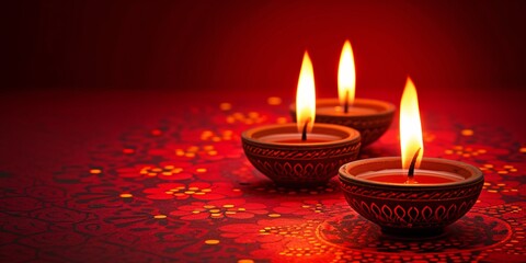 Celebration of Diwali in India with traditional oil lamps against a Red backdrop.