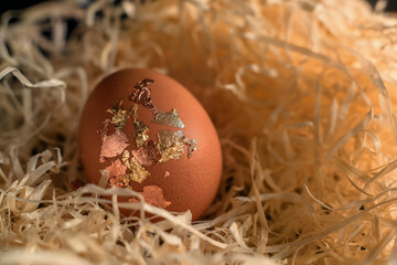 one easter egg with gold shell in straw close-up