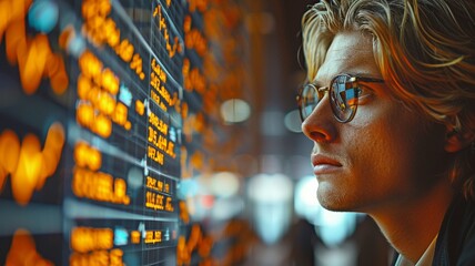 A businessman from stares at the nightly screen of the financial market Integrate virtual data formats. - obrazy, fototapety, plakaty