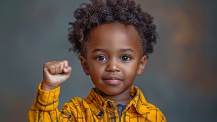 Black boy, Black History Month idea, raised fist of a youngster, protest, inclusiveness and diversity, and open space for text