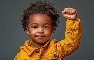 Black boy, Black History Month idea, raised fist of a youngster, protest, inclusiveness and diversity, and open space for text