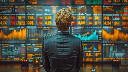 A businessman from stares at the nightly screen of the financial market Integrate virtual data formats.