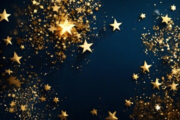abstract background with dark blue and golden particles. new year christmas background with golden star and sparking. Christmas golden light shine particles bokeh on navy background. Gold foil texture