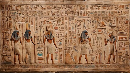 Preserving the Past: Studying Egyptian Hieroglyphs Carved on Stones - Journey into the Ancient Language of the Pharaohs - obrazy, fototapety, plakaty