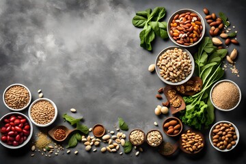 Fototapeta na wymiar Vegan food with nuts, beans, greens and seeds. A gray background with copy space