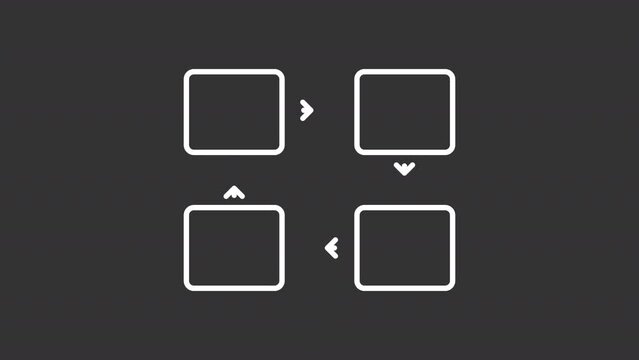 PDCA white line animation. Animated flowchart icon. Plan do check act methodology. Iterative business process. Isolated illustration on dark background. Transition alpha video. Motion graphic