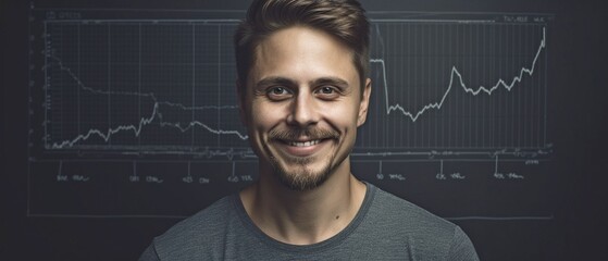 Man standing in front of the stock finance chalkboard, courteous and professional.