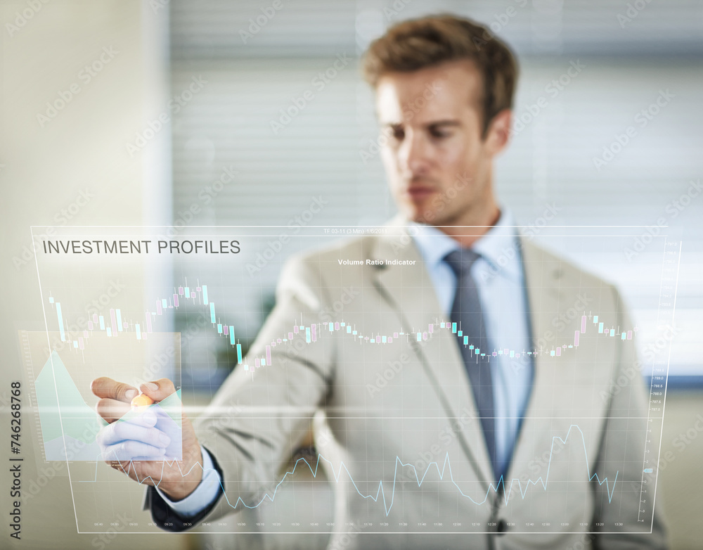 Poster Businessman, chart and hand writing on screen with statistics or stock market. Interface, technology and professional trader with pen on graphs for finance, data and investment on double exposure