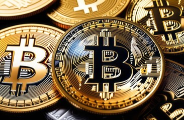 Bitcoin ETF coin, gold yellow, trading, chart, money, rich. Close-up bitcoin coin with flying coins. Bitcoin Crypto currency Gold BTC Bit Coin close up of Bitcoin coins isolated. Blockchain technology