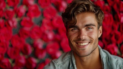 attractive young man with a red rose backdrop grinning and facing the camera.