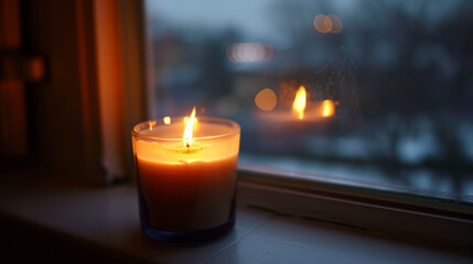 Fototapeta na wymiar A burning candle, delicately placed on the window sill, casts a soft and gentle glow, illuminating the surrounding space with grace and tranquility.