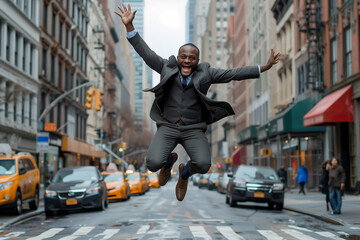 Excited Businessman in New York City  - obrazy, fototapety, plakaty