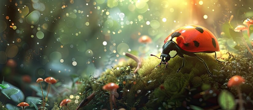 A ladybug, with its distinctive red and black spotted shell, sits atop a patch of vibrant green moss covering the forest floor. - Powered by Adobe