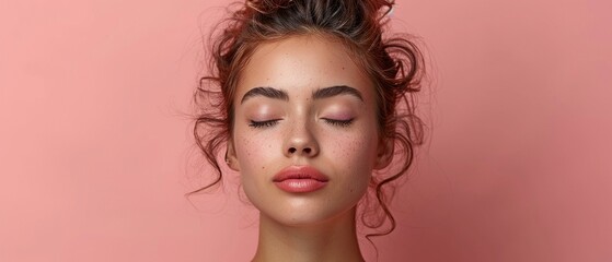 An isolated pastel-colored backdrop features a profile side view of a woman waiting for an anti-aging skin tightening operation in a spa.