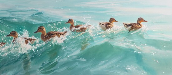 A vividly painted scene capturing a group of ducks gracefully swimming in the ocean.