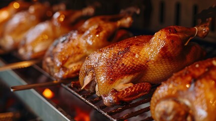 Roasting a succulent whole duck in a spit roast machine up close. - obrazy, fototapety, plakaty