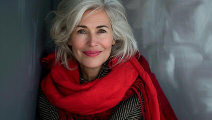 Portrait of a beautiful middle-aged woman in a red scarf. - obrazy, fototapety, plakaty