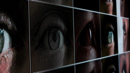 Shot of human eyes background video. Collage of peoples open eyes with text digitals running...
