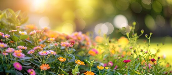 A group of assorted flowers, including daisies, roses, and tulips, scattered in the lush green grass of a city flower bed. The vibrant colors of the flowers stand out against the blurred background.