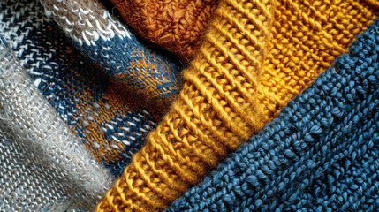 Knitted wool texture from strands of beige, yellow, orange and blue for background and design.