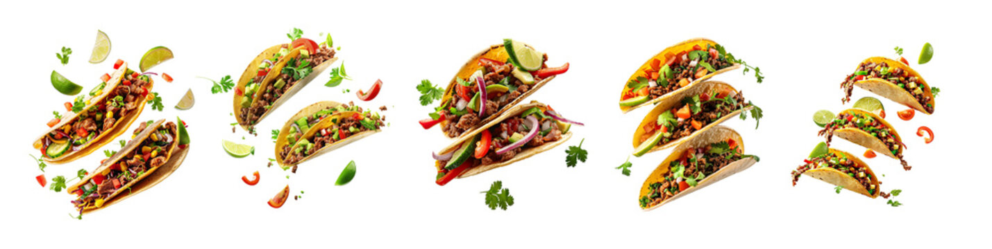 A set of Levitating tacos in air with meat lime vegetables isolated on transparent png background. Mexican food generated by ai
