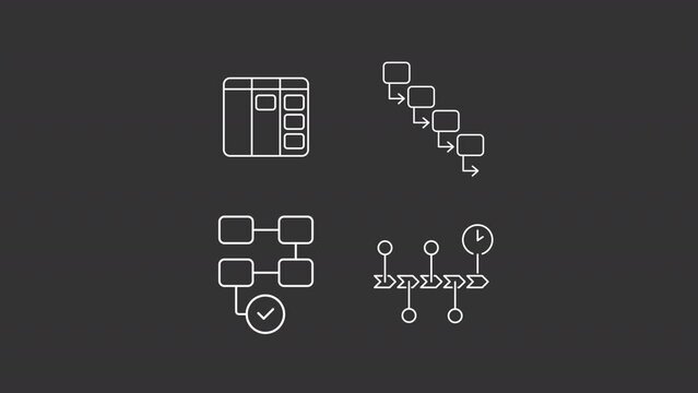 Project management animations. Animated flowcharts white line icons. Step by step process. Work plan. Isolated illustrations on dark background. Transition alpha. HD video. Icon pack