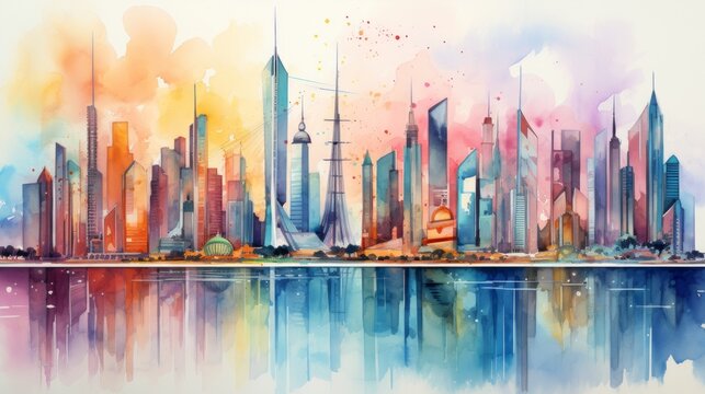 Generative AI Vibrant cityscapes with futuristic skylines. aquarelle © vadosloginov