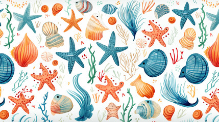 Fototapeta na wymiar Watercolor Painting of Sea Animals and Fish. Generative AI