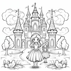 Princess and Little Girl in Front of Castle. Generative AI