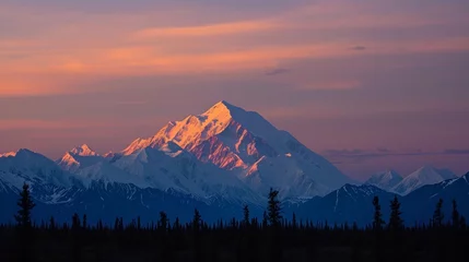 Papier Peint photo autocollant Denali A captivating view of Mount McKinley (Denali) at dusk, framed by the Alaskan wilderness. 