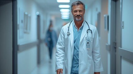 Male physician strolling down hospital hallway.