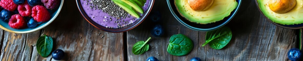Avocado and blueberry smoothie bowl topped with chia vibrant morning start - obrazy, fototapety, plakaty