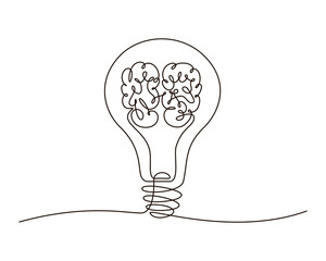 Single continuous line symbol of light bulb with brain inside vector illustration. One line drawing innovation concept. Design for poster, card, label