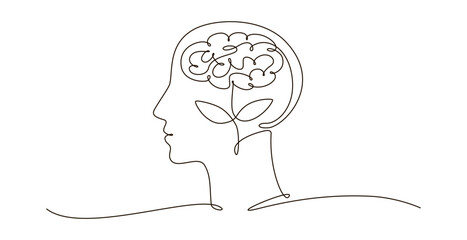 Head with brain and leaves inside continuous one line symbol drawing. Mental health, self care concept icon in linear style. Continuous line vector illustration