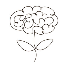 Brain with leaves continuous one line symbol drawing. Mental health, self care concept icon in linear style. Continuous line vector illustration
