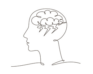 Continuous one line drawing of human head with storm cloud and lightning symbol. One line contour drawing depression, stress, mental health issues concept. Vector illustration with editable stroke